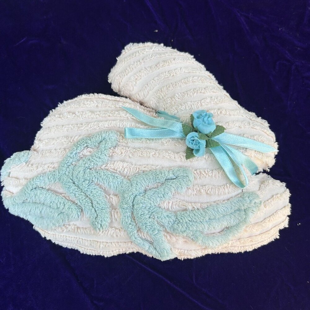 Vintage Chenille Colorful Pastel Handmade Bunny Rabbit Pillow Ribbon Detail